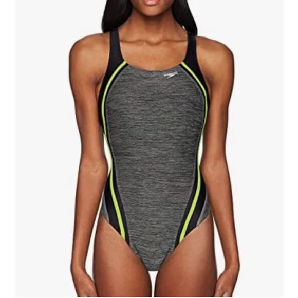 Speedo-high leg cut PowerFlex Eco Quantum Splice One Piece Swimsuit Size 12 NWT - Picture 2 of 8